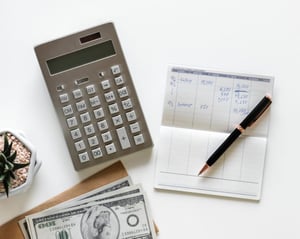 Calculator, money and checkbook